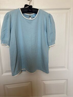 Classic Light Blue womens Short Sleeve Sweater with White Trim and puff sleeves